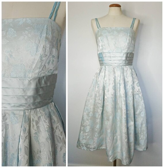 Vintage 50s Baby Blue Brocade Cocktail Evening Dre