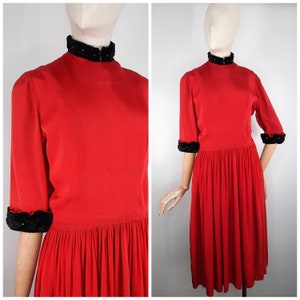 Vintage 50&#39;s Red Dress with Black Velvet Collar and Cuffs and Long Sleeves Sz XS 1950s