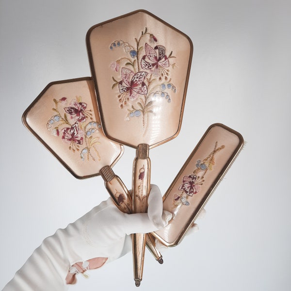 Vintage Embroidered Flowers Hairbrush Mirror Vanity Table Set Gold Tone