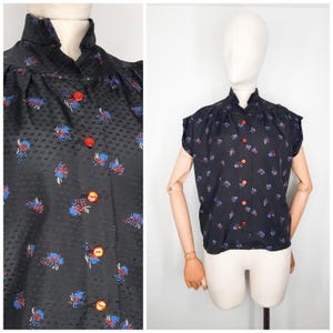 Vintage 50&#39;s Black Blouse Top Shirt with Red & Blue Pattern Sz S 1950s