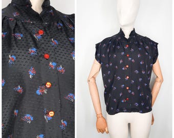 Vintage 50er Schwarze Bluse Top Shirt mit Rot & Blau gemustert Sz Sz 50er Jahre