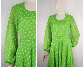 Vintage 60's / 70s Polka Dot Bright Green Mini Dress Sz XS 1960s 1970s