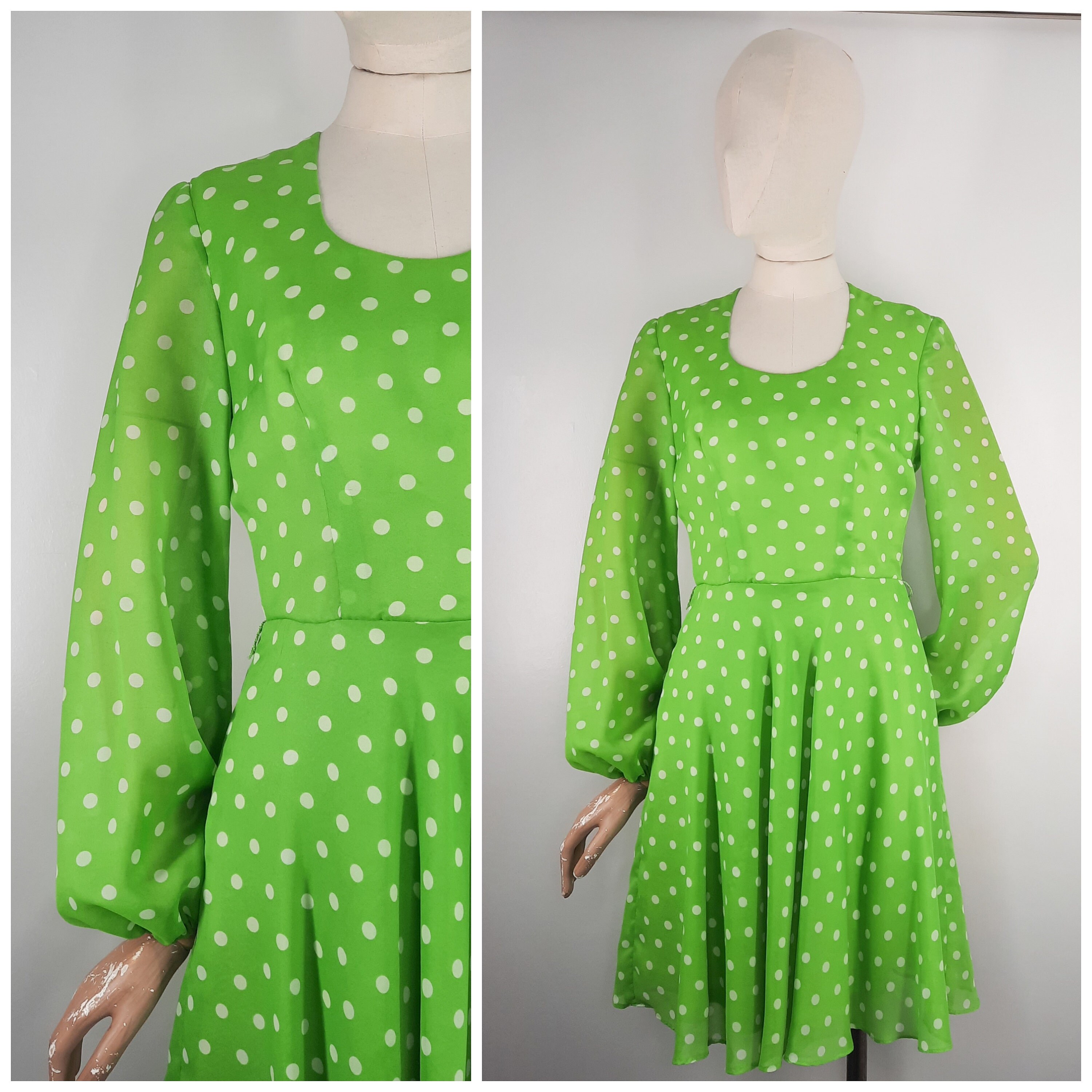 Vintage 60's / 70s Polka Dot Bright Green Mini Dress Sz XS 1960s 1970s