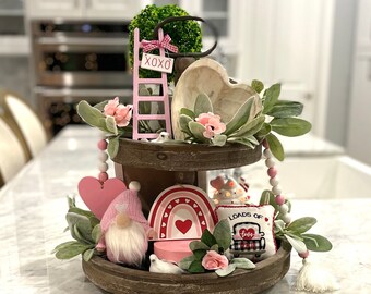 18 Items VALENTINE Love DOUBLE Sided Tiered Tray Bundle | Wood Stand Set | Farmhouse Cottage | Heart Table Home Décor | Anniversary Wedding