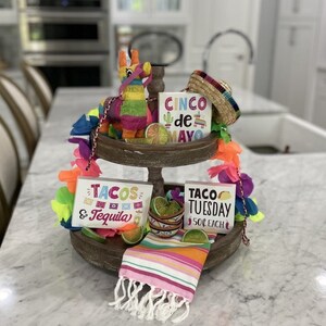 17 Item FIESTA Cinco de Mayo Taco Margarita Tiered Tray Bundle | Wood Stand Set | Farmhouse Table Home Décor | Custom Hand Selected Curated