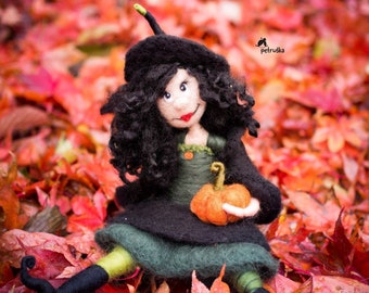 Needle felted black-haired Witch Fall Decor figurine, House warming gift