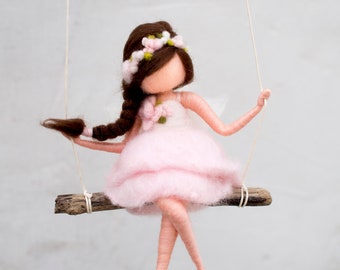 Needle Felted fairy figurine, hanging mobile, Flower Fairy Rose on a driftwood swing, Girls fairy decor