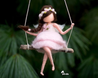 Needle Felted fairy doll figurine on a driftwood swing, Girls fairy decor, Fairy nursery, First communion gift girl