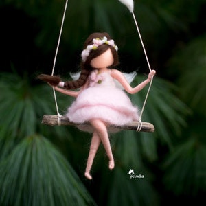 Needle Felted fairy doll figurine on a driftwood swing, Girls fairy decor, Fairy nursery, First communion gift girl