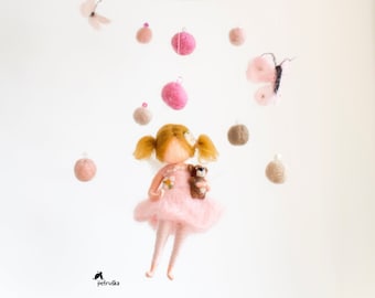 Felt fairy mobile, Fairy doll figurine with her teddy bear, Fairy Nursery, Baby girl gift