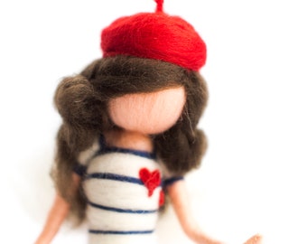Fairy in Paris, France, Waldorf inspired needle felted doll, Gaultier sailing shirt, beret, Eiffel tower,Montmartre,ornament