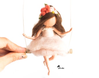 Needle felted Flower Fairy in light pink dress, Hanging Mobile, Nursery Fairy art