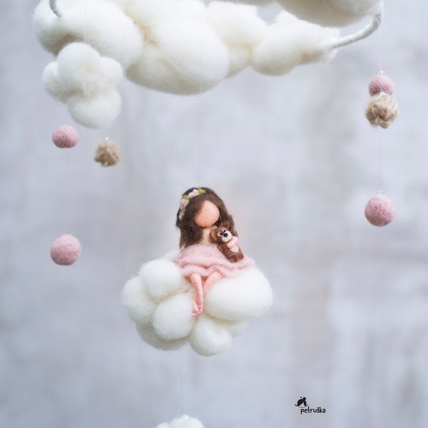 Fairy Cloud Mobile, Pale Pink Nursery felt mobile,  Baby shower gift, Baby guardian angel