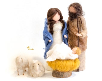 Needle Felted NATIVITY SETS, Holy family and sheep, Size 4.7", Different sets