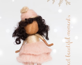 African American Needle felted Christmas angel ornament felt dolls, Pure GOLD silk and dusty pink wool