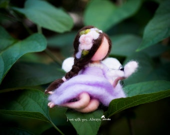 Needle Felted Fairy Figurine in light purple dress with butterfly - Sympathy Gift - Soft art doll