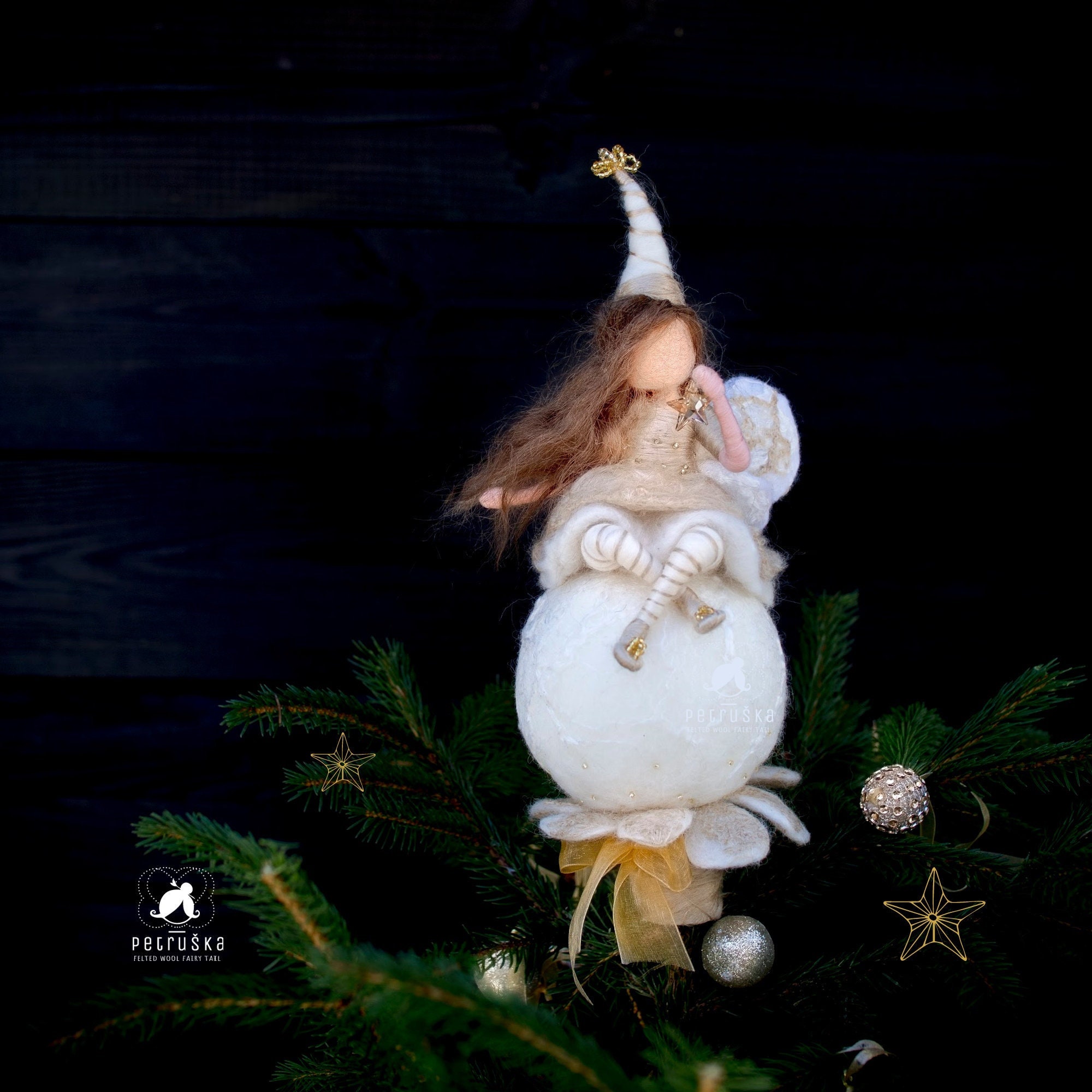 Unique Fairy tree topper, Christmas Fairy figurine sitting on a snowball