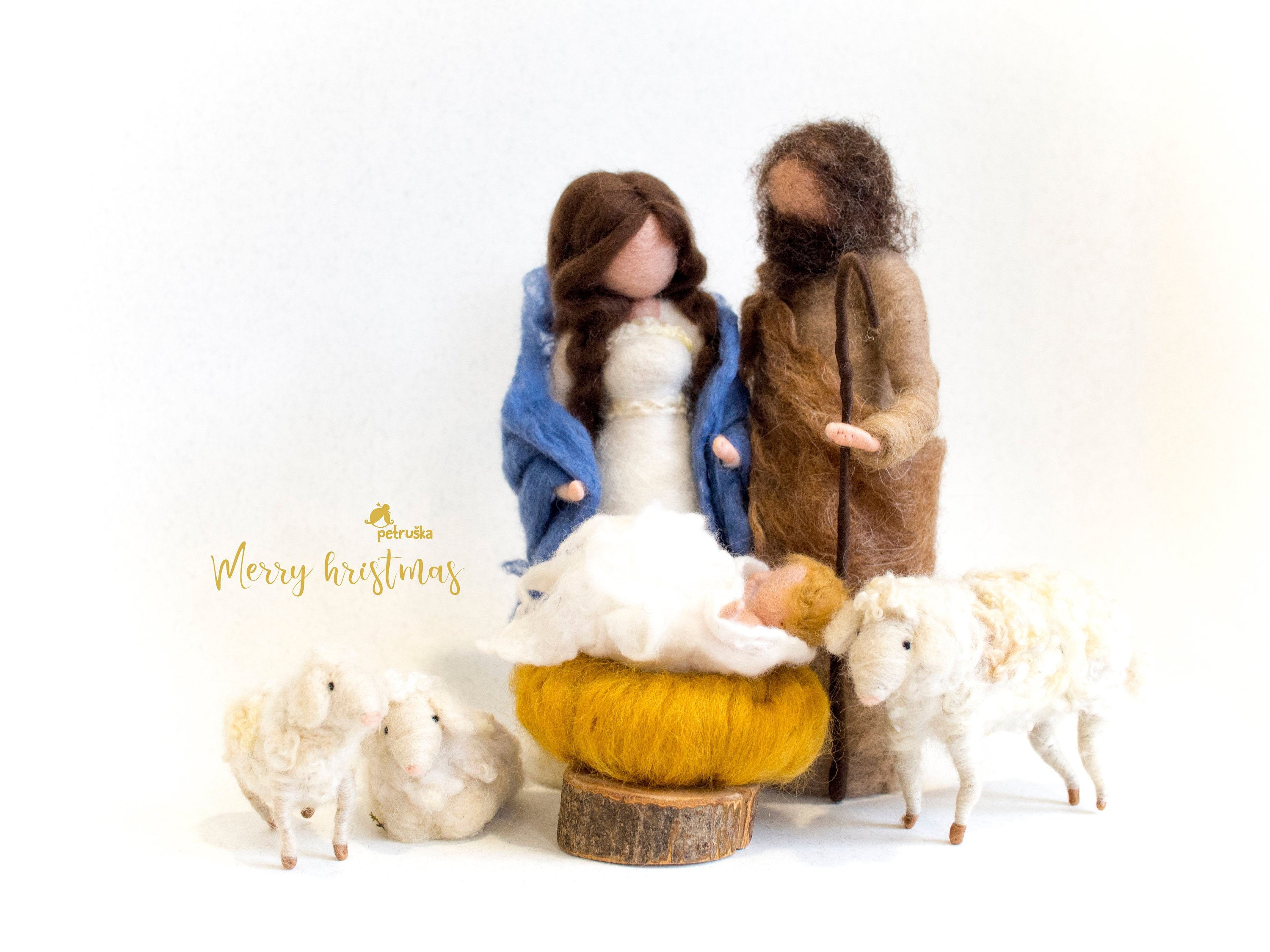 Needle Felted NATIVITY SETS, Holy Family and Sheep, Size 4.7
