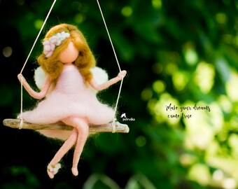 Needle Felted fairy figurine, hanging mobile, Flower Fairy Rose on a driftwood swing, Girls fairy decor
