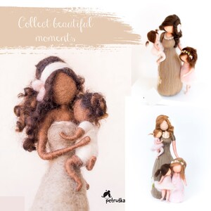 May include: Three felt dolls, a mother and two children, with brown hair and neutral facial features. The mother is holding a child in her arms. The dolls are wearing beige and pink clothing. The dolls are standing on a white surface. The text "Collect beautiful moments" is written in the top left corner of the image.