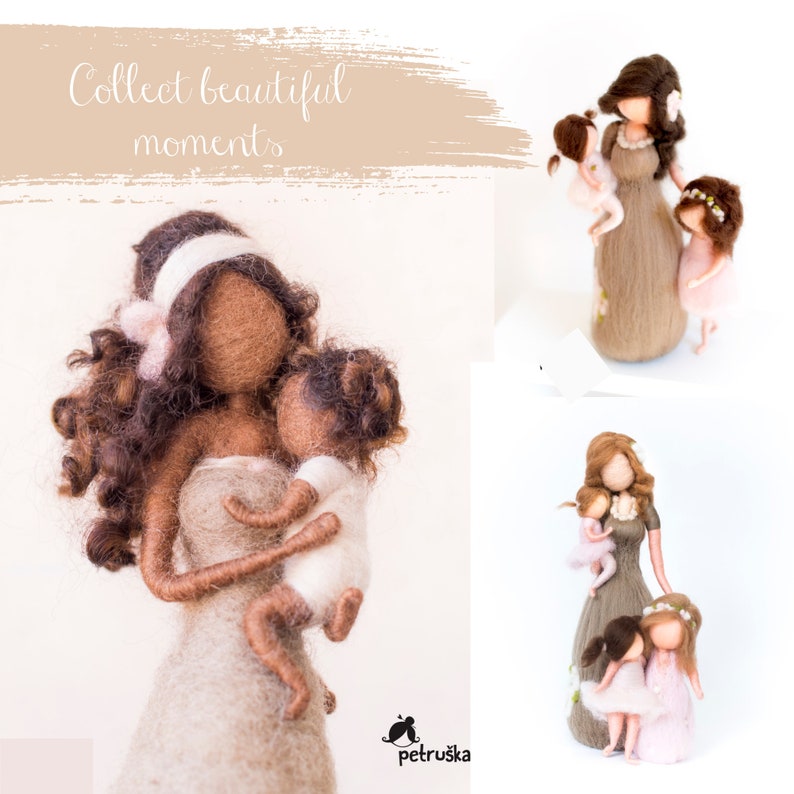 May include: Three felt dolls, a mother and two children, with brown hair and neutral facial features. The mother is holding a child in her arms. The dolls are wearing beige and pink clothing. The dolls are standing on a white surface. The text "Collect beautiful moments" is written in the top left corner of the image.