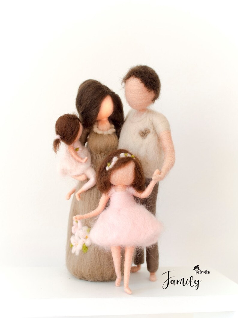 May include: A felt family figurine set with a brown haired mother, father, and two daughters. The mother is holding the youngest daughter in her arms. The father is holding the hand of the older daughter. The family is standing on a white surface. The text "Family" is written in black cursive below the figurines.