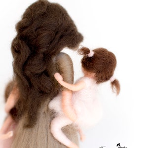 May include: A felt doll of a mother holding a smaller felt doll of a child. The mother has long brown hair and is wearing a light brown dress. The child has brown hair and is wearing a pink dress. The dolls are standing on a white background. The text "Family" is written in black below the dolls.