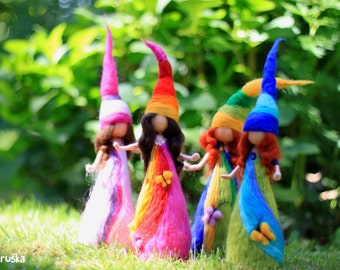 Needle Felted Rainbow Elf doll, Wool doll, Rainbow Fairy