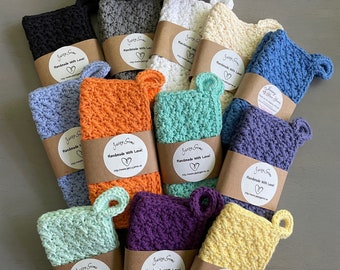 Set of 2 100% Cotton Dishcloths / Washcloths / Potholders with Hanging Loop / Handmade Crochet / Choose Color