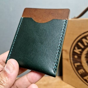 Slim Leather Cardholder, Dark Green and Walnut Brown Colour, Gift for him, Fathers Day Wallet, Minimalist Leather Wallet, Kingsley Leather image 1