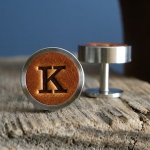 Personalised leather cufflinks in antique tan by Kingsley Leather. Awesome 3rd anniversary gift. Amazing Wedding cufflinks. Gift for husband