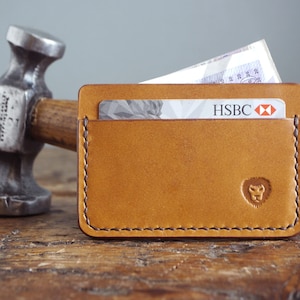 Cartera de cuero color canela para tarjetas, billetera delgada hecha a mano con bolsillo para efectivo, billetera de cuero para hombre