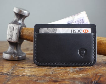 Black Leather Wallet - Handmade Card Holder Minimalist Wallet with Cash Pocket - Mens Leather Wallet