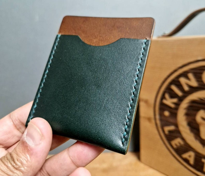 Slim Leather Cardholder, Dark Green and Walnut Brown Colour, Gift for him, Fathers Day Wallet, Minimalist Leather Wallet, Kingsley Leather image 1