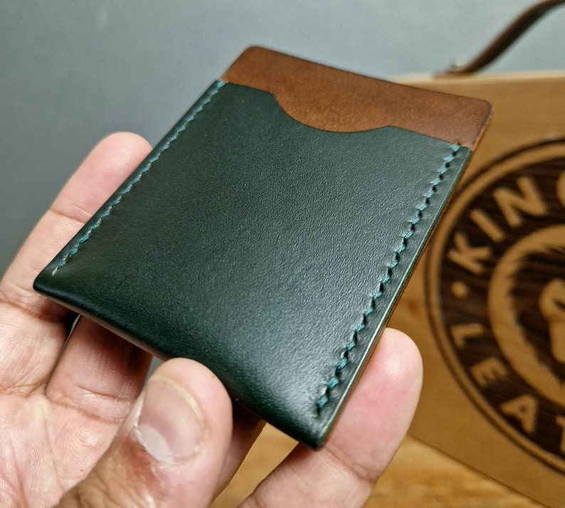Slim Leather Cardholder, Dark Green and Walnut Brown Colour, Gift for him, Fathers Day Wallet, Minimalist Leather Wallet, Kingsley Leather image 2