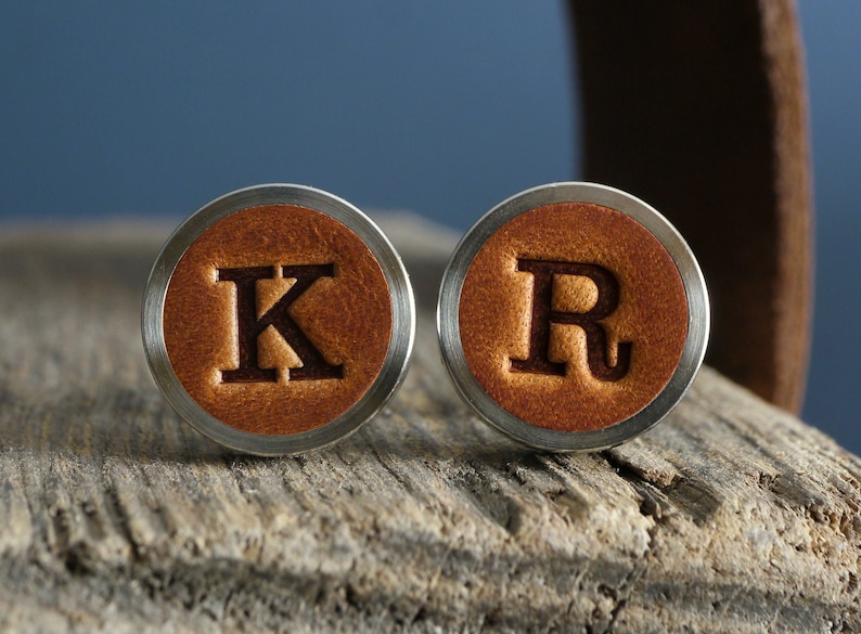 Personalised Leather Cufflinks, Gift for Him, Initial Cufflinks, 3rd Anniversary Gift for Husband, Fathers Day, Tan Wedding Cufflinks 画像 2