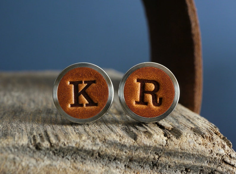 Personalised Leather Cufflinks, Gift for Him, Initial Cufflinks, 3rd Anniversary Gift for Husband, Fathers Day, Tan Wedding Cufflinks image 7