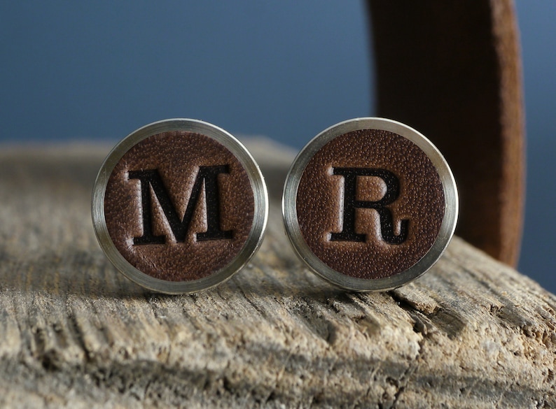 Personalised Cufflinks, Christmas Gift for Boyfriend, Groomsmen Gifts, 3rd Anniversary Gift Leather, Wedding Cufflinks, Father of the bride image 2