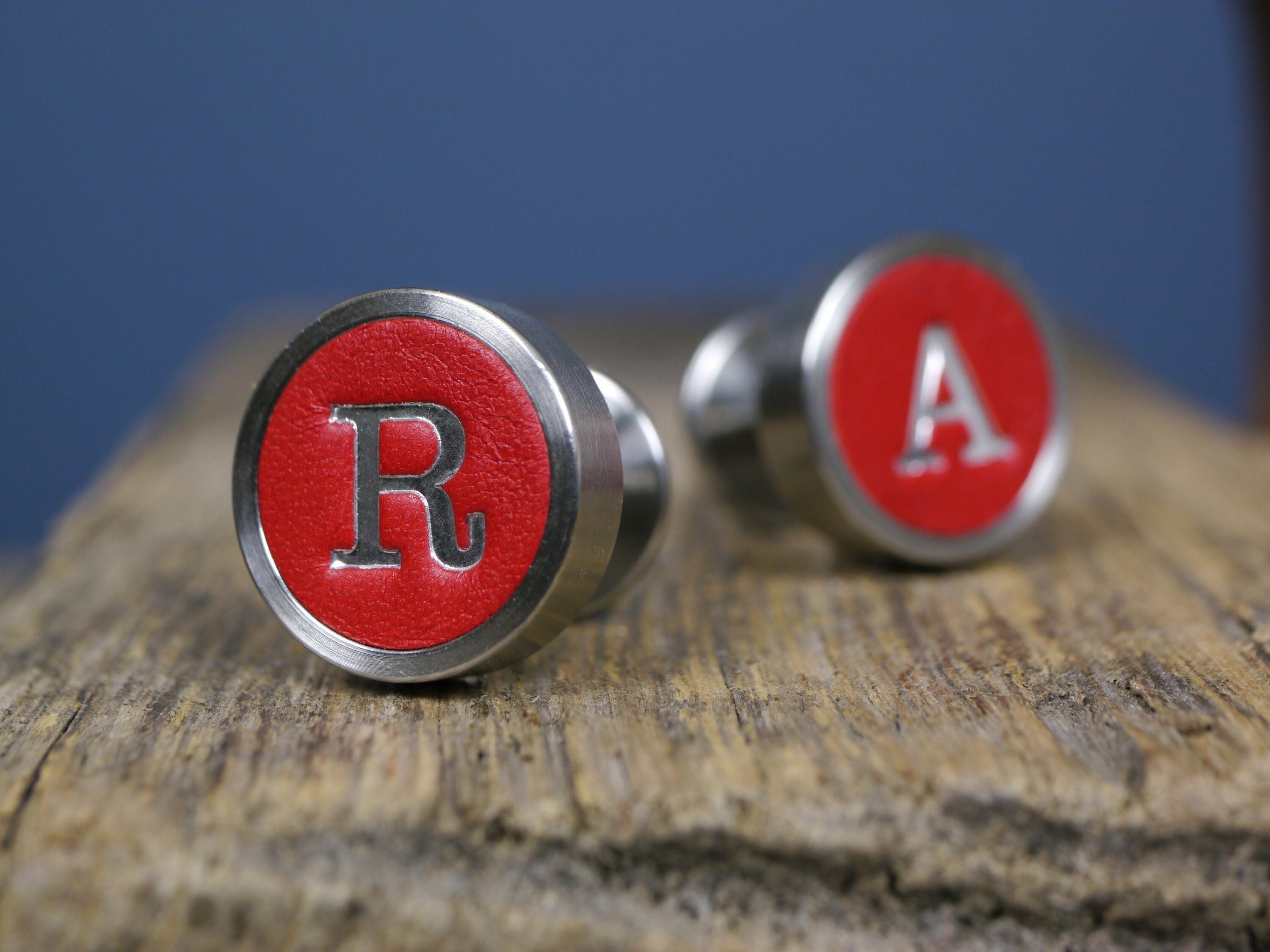 Red Leather Cufflinks: Personalized Initial Stainless Steel Setting