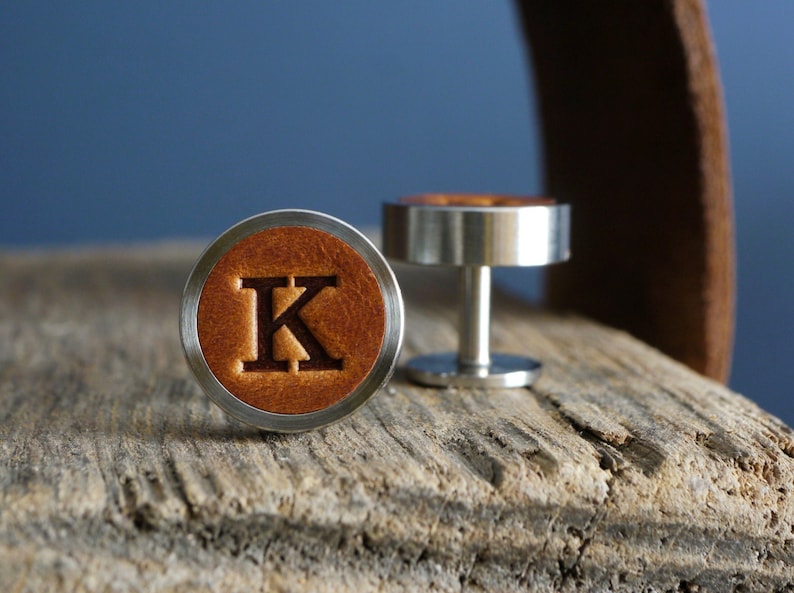 Personalised leather cufflinks in antique tan by Kingsley Leather. Awesome 3rd anniversary gift. Amazing Wedding cufflinks. Gift for husband