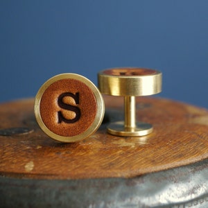 Personalised Cufflinks Leather and Solid Brass Gift for Him 3rd Anniversary Wedding Cufflinks Antique Tan