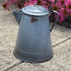 May include: A gray speckled enamel coffee pot with a matching lid, a wide spout, and a dark handle. The metal surface shows signs of wear with visible rust near the hinge and base. The pot features a wire bail handle with a black grip.