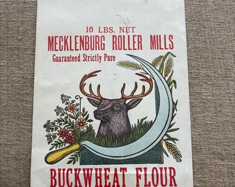 Saco de harina de trigo sarraceno de molinos de rodillos Mecklenburg vintage / 10 lb, nuevo, sin usar, con gráficos de hoz de ciervo