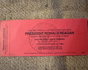 Boleto original de la gira Whistle Stop de Ronald Reagan de 1984 - Terminal Union de Dayton, Ohio - Recuerdos de la campaña Reagan-Bush '84 - Presidencial