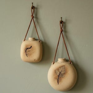 May include: Two beige ceramic vessels with a matte, textured finish, each featuring a unique dark botanical imprint on the front. The vessels are rounded in shape, have a small top opening, and are suspended by thin brown leather cords.