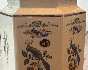 Arthur Wood zeshoekige voorraadpot | Keukenbewaarpot met bloemenprint en blauw vogelmotief