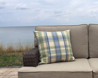 Blue, green and yellow plaid pillow cover.