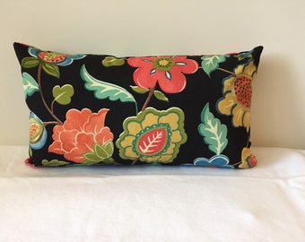 Black floral design indoor/outdoor 24x14 lumbar pillow cover