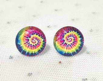 Rainbow Spiral Tie Dye Stud Earrings – Hypoallergenic Glass Cabochon Boho Jewelry