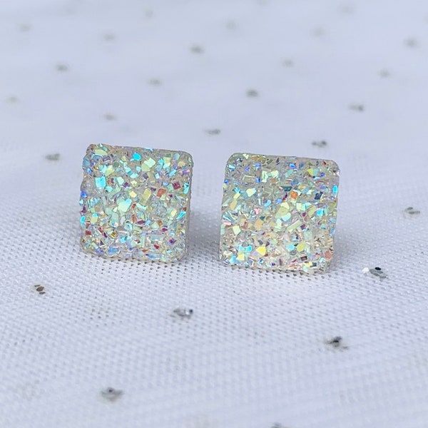 White Glitter Earrings - Druzy Resin Stud Earrings - Bridesmaid Gift - Square Druzy Studs - Metallic Earrings - Sparkly Statement Earrings